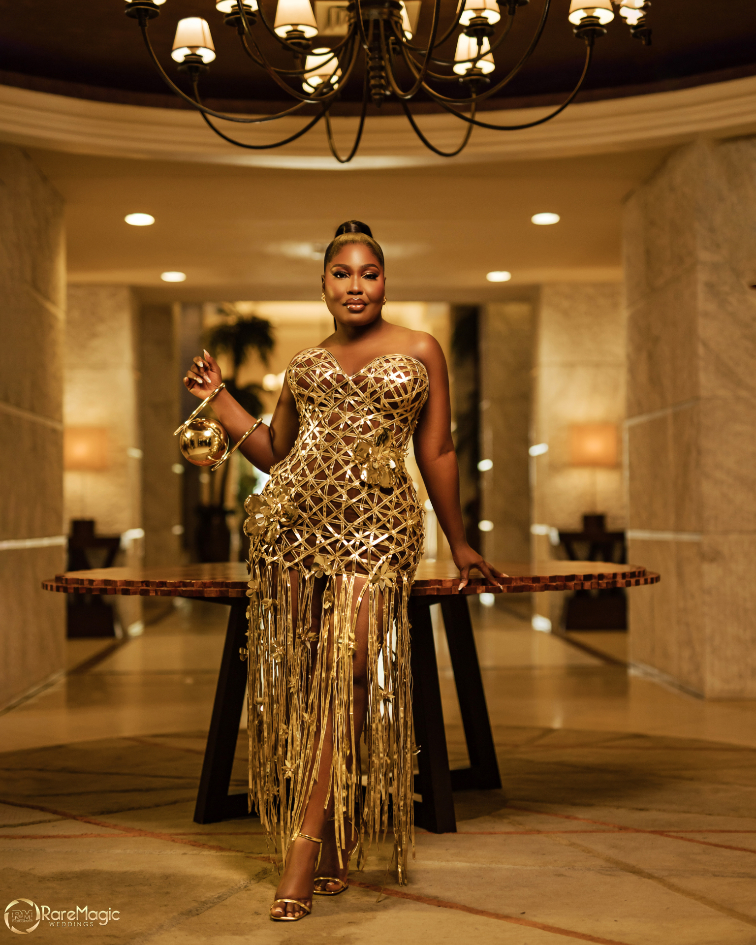 Raremagic signature portrait — gold couture editorial